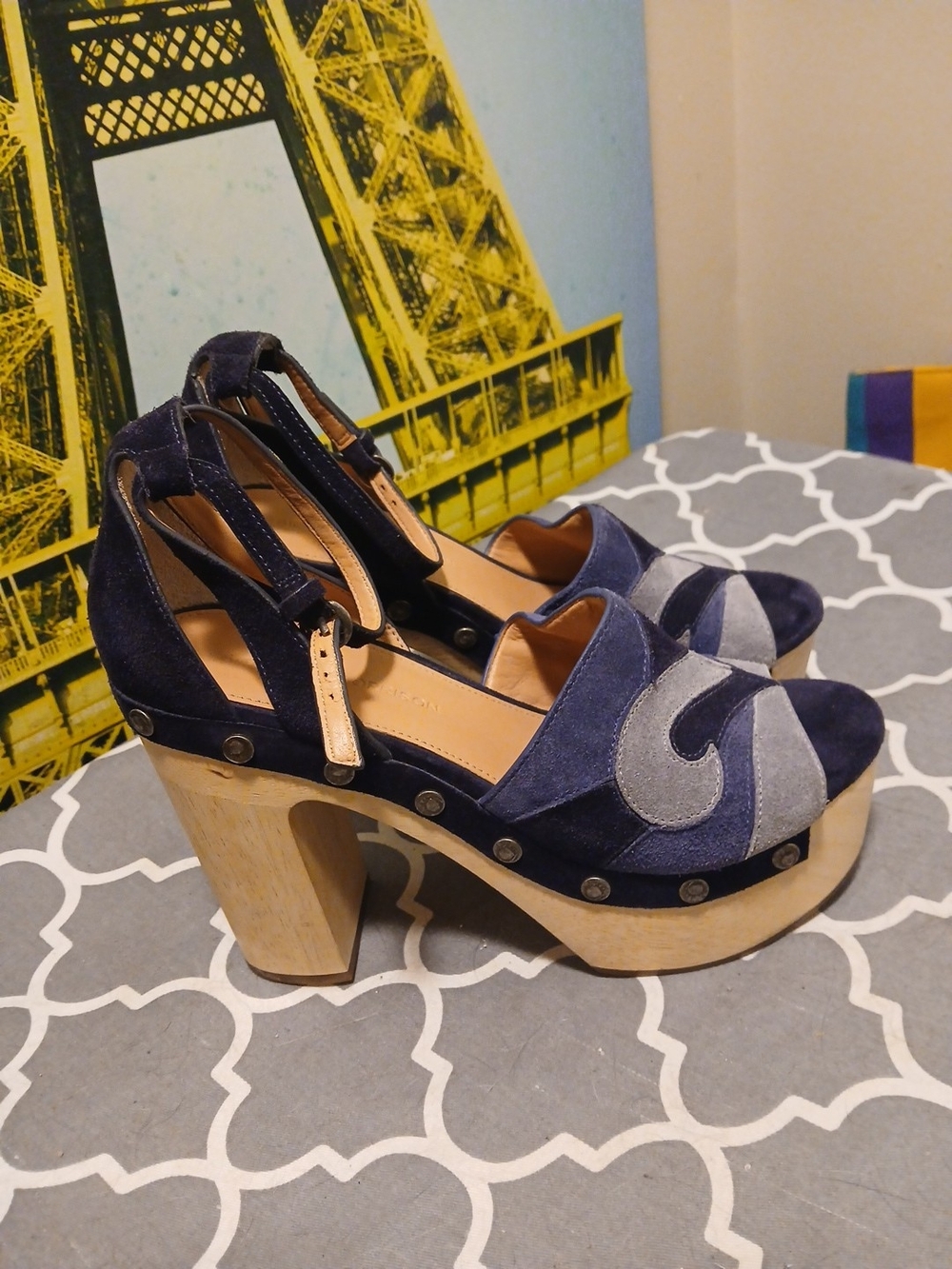 Sigerson MORRISON Navy GRAY Suede Platform Sandals HEELS SZ.8